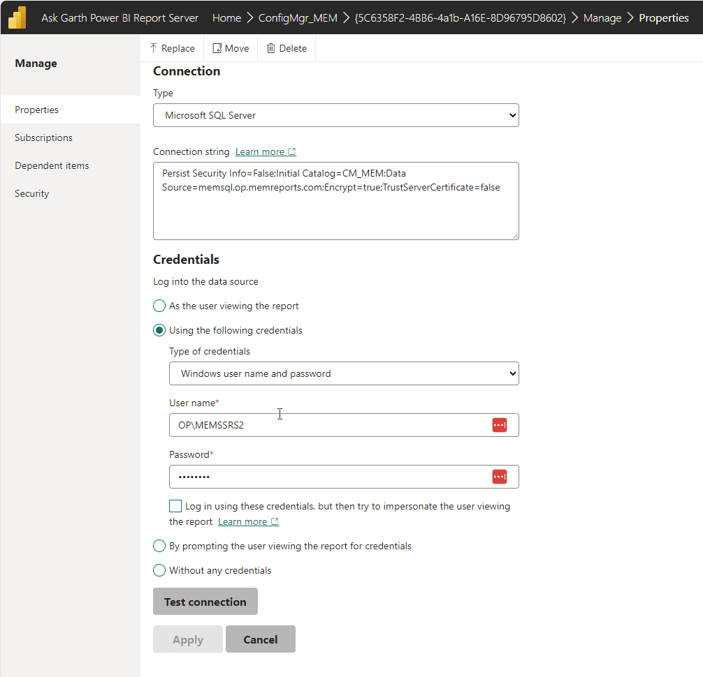 Data source properties page