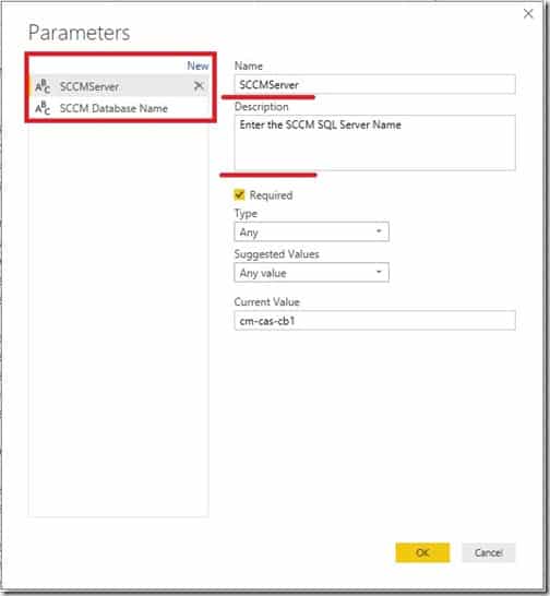 Power BI Parameters – SQL Server Name Dialog Box