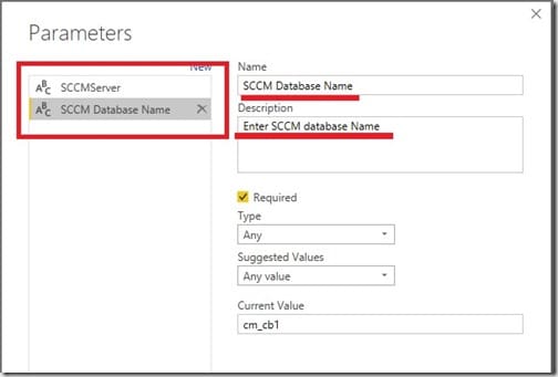 Power BI Parameters - Target Database Dialog Box