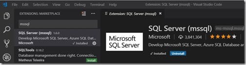 Visual Studio Code - MSSQL - Installation Complete