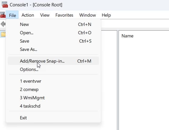Adding a Snap-in in MMC.exe from the file menu.
