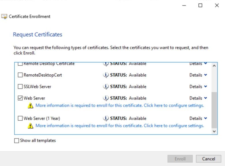 Select Web Server Cert before click more option