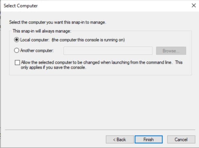 Selecting Local computer for the snap-in