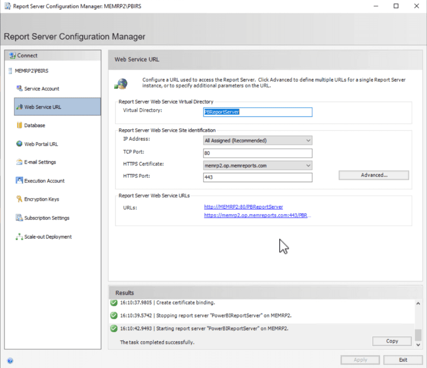 Testing Web Service URL using link within the Report Server Configuration Manager