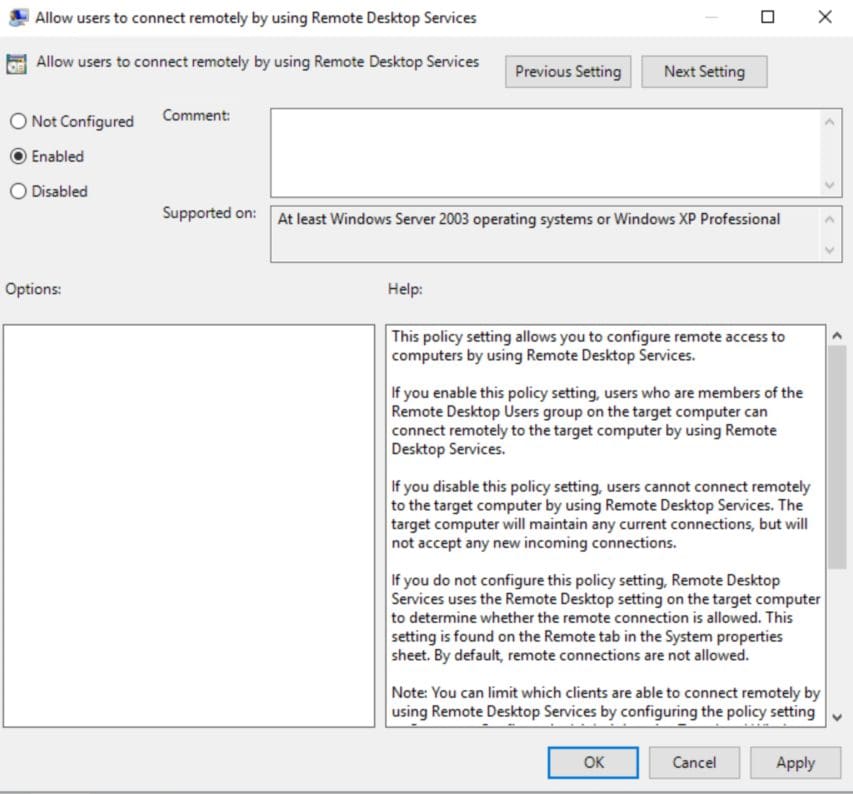 Setting for Enable Remote Desktop via GPO