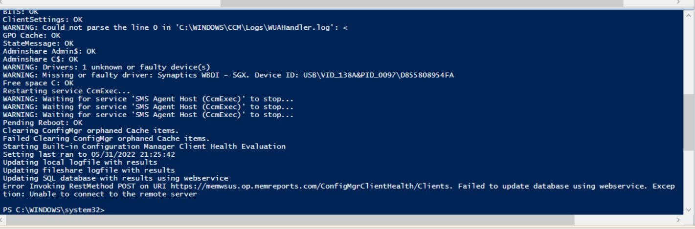Show the ConfigMgr Client Health script running in PowerShell