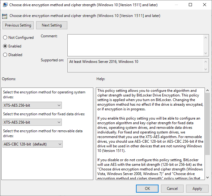 Change the encryption method and cipher strength for BitLocker. 