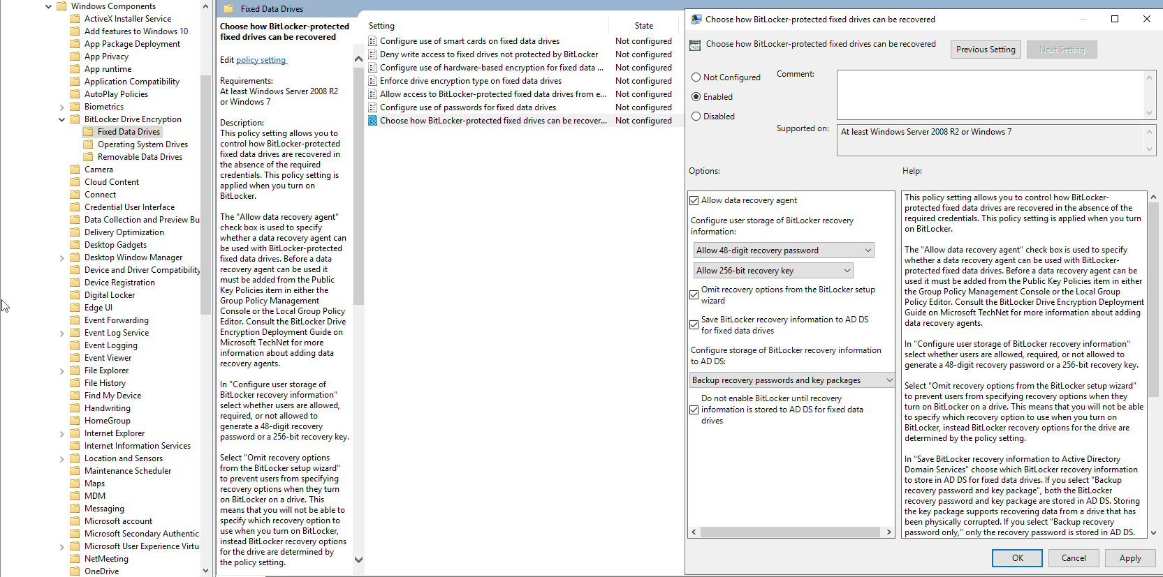 Configuring fixed drive options for Enable BitLocker Recovery Information to AD