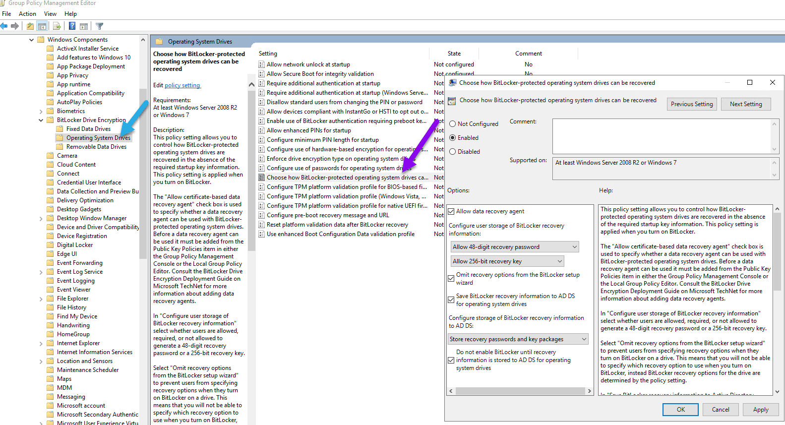 Configuring OS Drive options for Enable BitLocker Recovery Information to AD