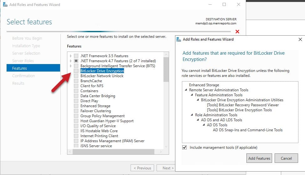 Enabled BitLocker on a Windows Server screen with popup.