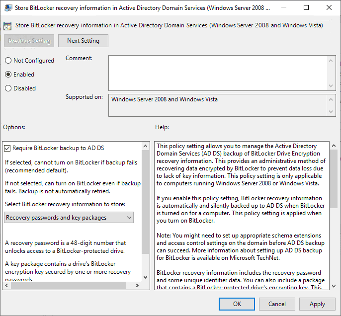 Enabling BitLocker Recovery Information to be stored within AD