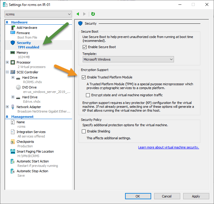 Enabling TMP on a VM