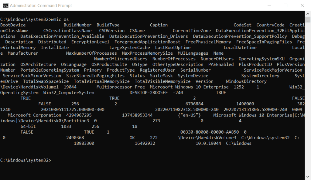 Results of WMIC for the OS class