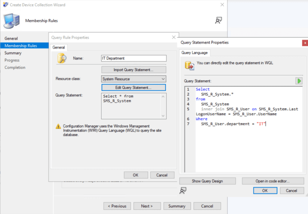 Create a Users' Department Collection WQL 