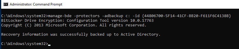 Using manage-bde to manually backup BitLocker recovery key to AD