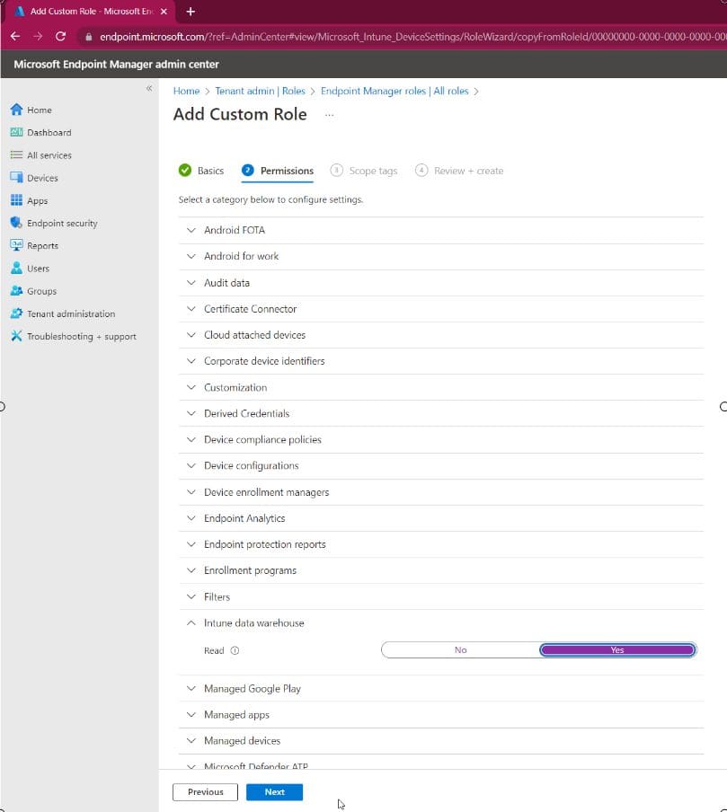 Granting Intune Data Warehouse read rights. 