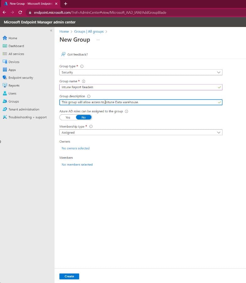Provide Azure Group and Description for Intune Data Warehouse Readers Group