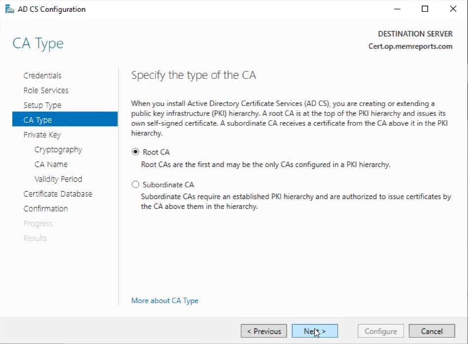 Select Root CA for Configure AD Certificate Server