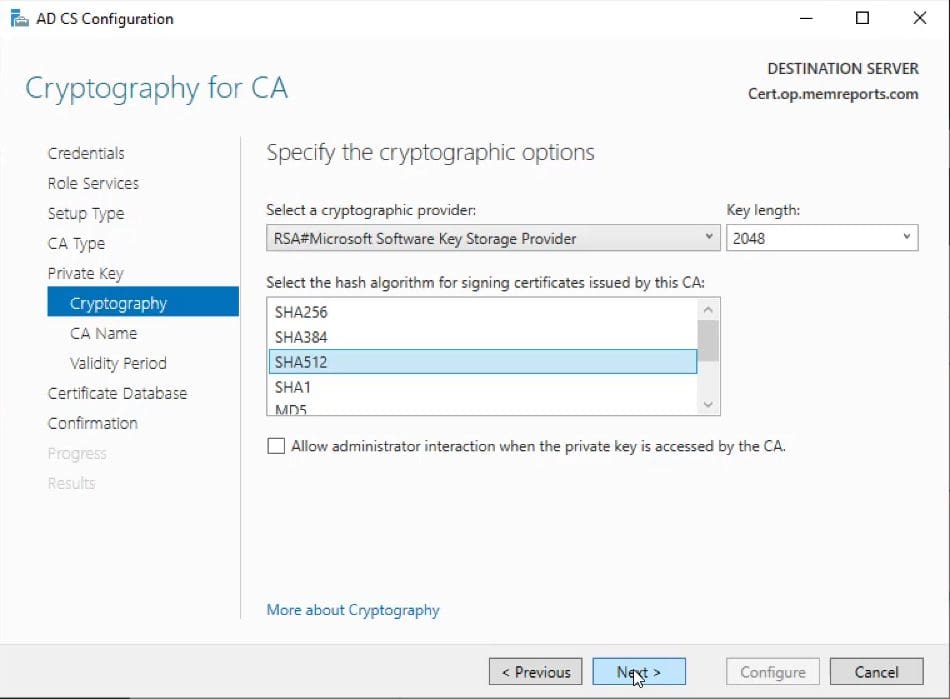 Select your cryptographic options 