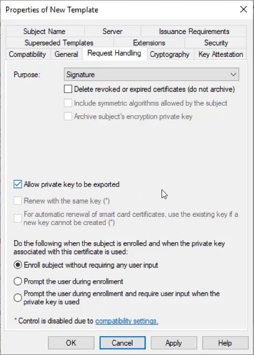 Enabling the Allow private key to be exported option on the request handling tab for the code signing template. 