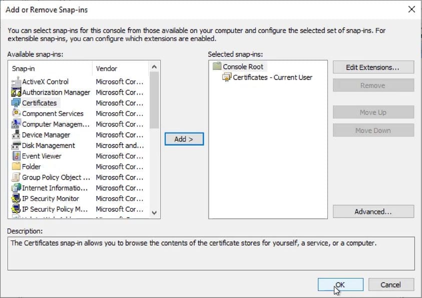 finally loading Cert for current user. 