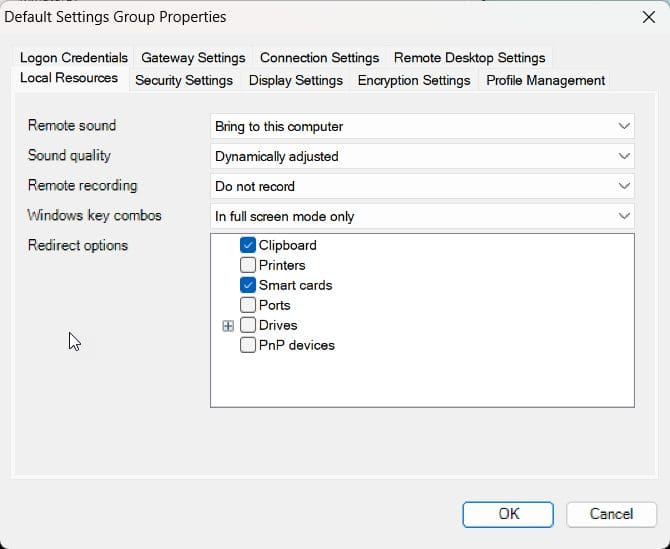 Local Resource tab from RDCM Group properties 