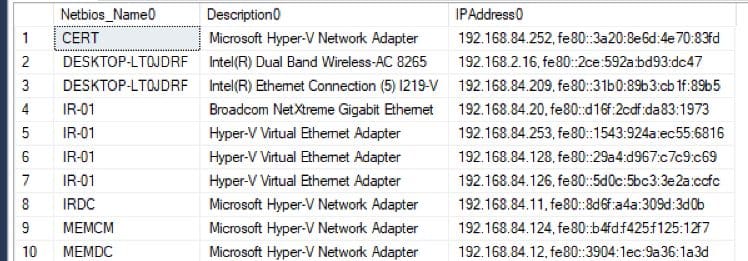 Show the results of v_GS_NETWORK_ADAPTER_CONFIGURATION