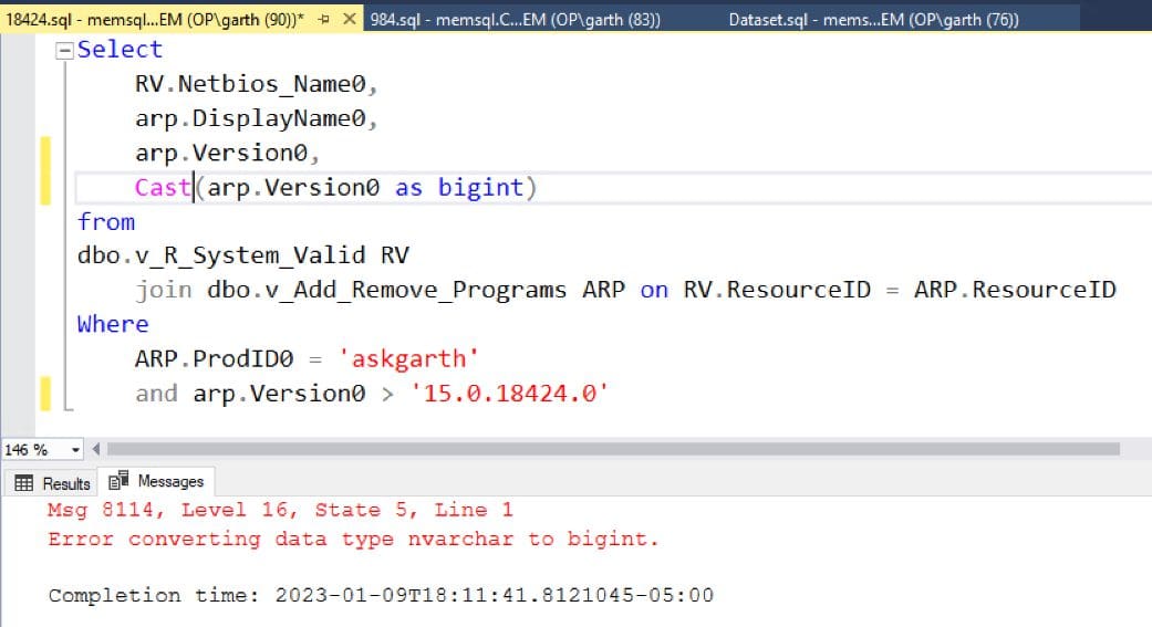 Using SQL Cast on version column error