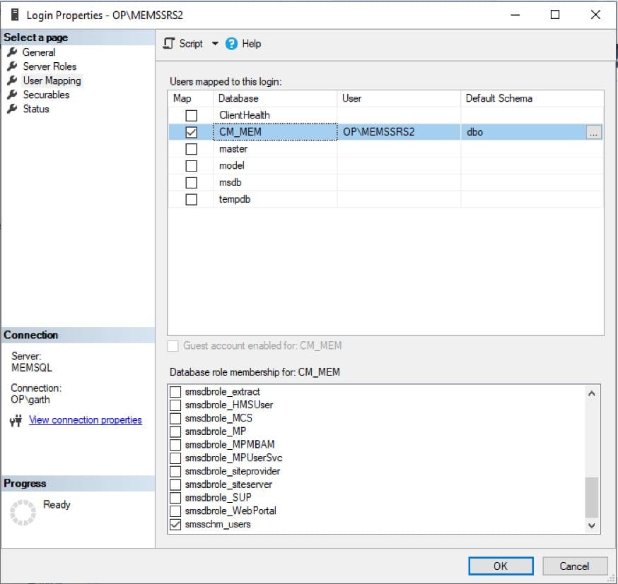 Within ConfigMgr database, only the smsschm_users database role is needed for ConfigMgr reporting account. 