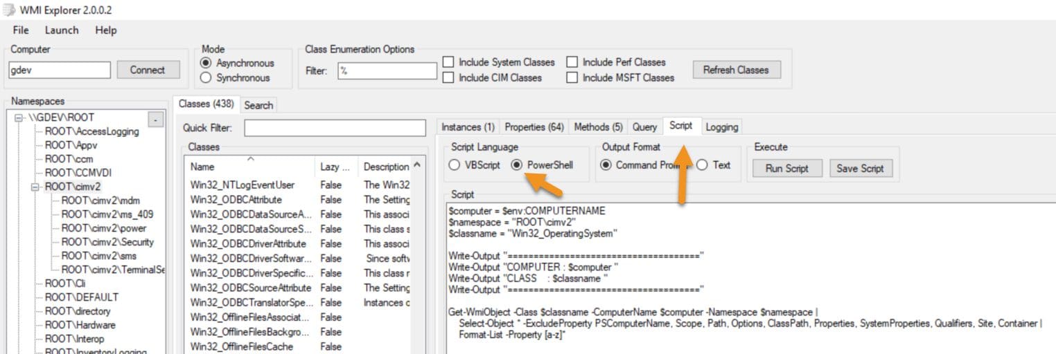 Using the script tab to create a PowerShell script for the WMI class