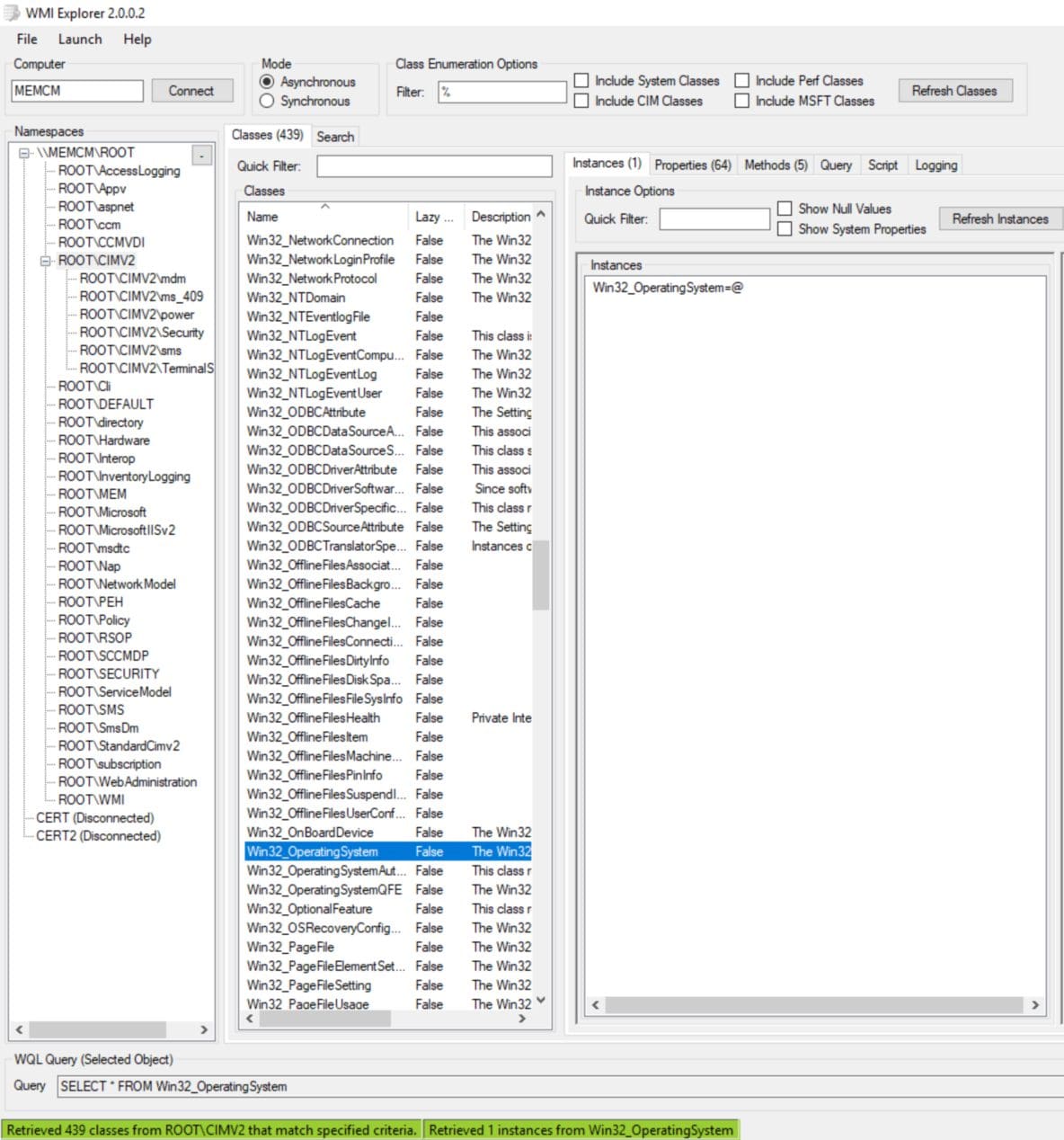 Win32_OperationSystem Class is opened and showing Instance in WMIExplorer 