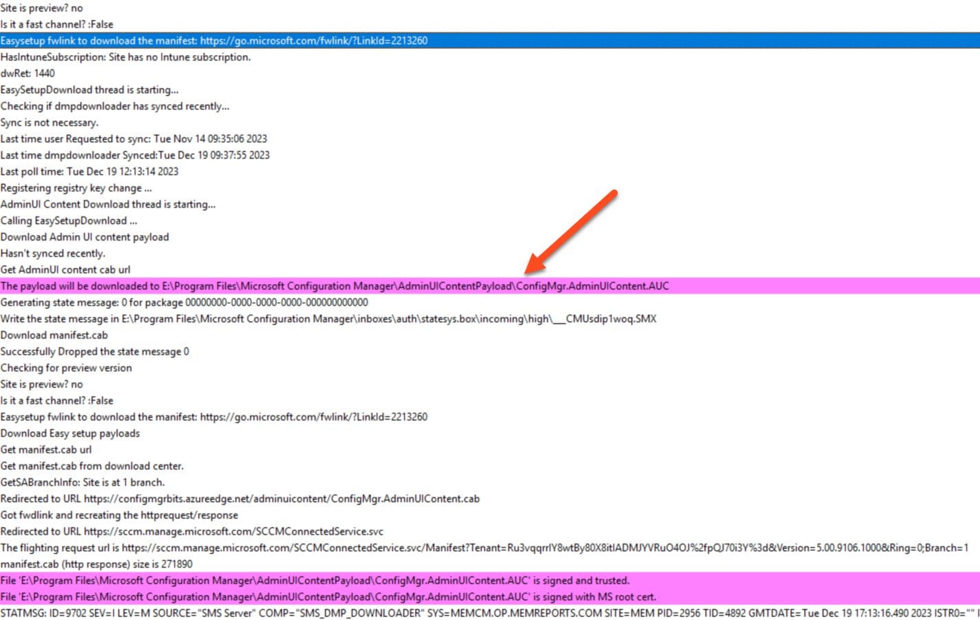 ConfigMgr.AdminUIContent.AUC being downloaded within the Dmpdownloader.log