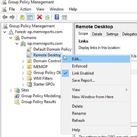 Editing an existing GPO for Remote Desktop 