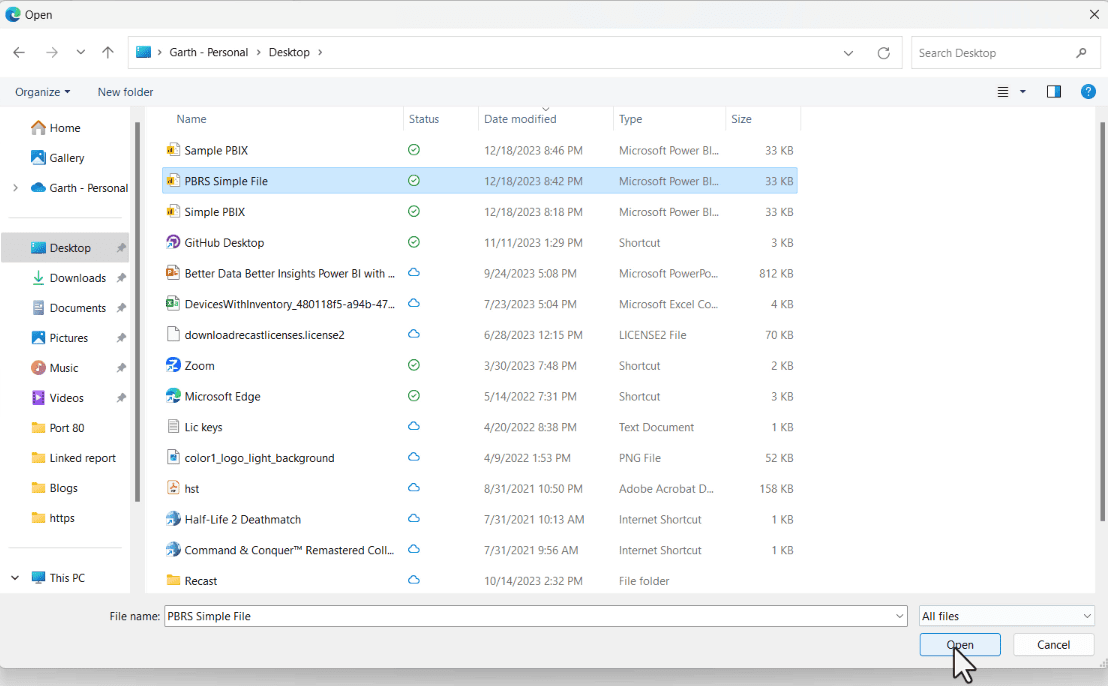 PBIX files selected before clicking open