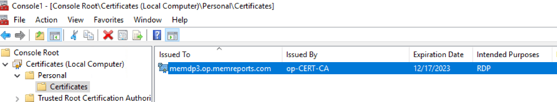 RDP Cert listed within Personal store for local computer. 