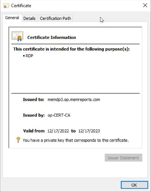 RDP cert which is valid for 1 year