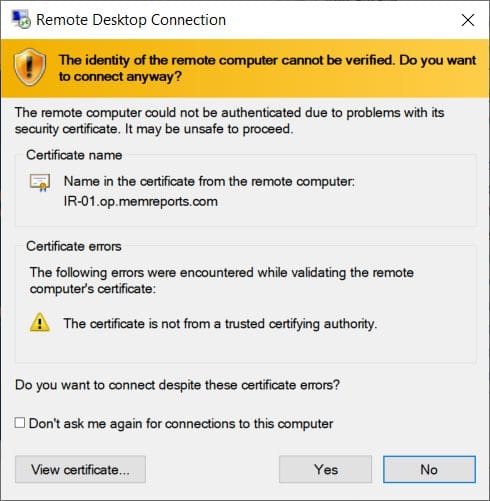 Remote Desktop Connection Certificate trust messages.