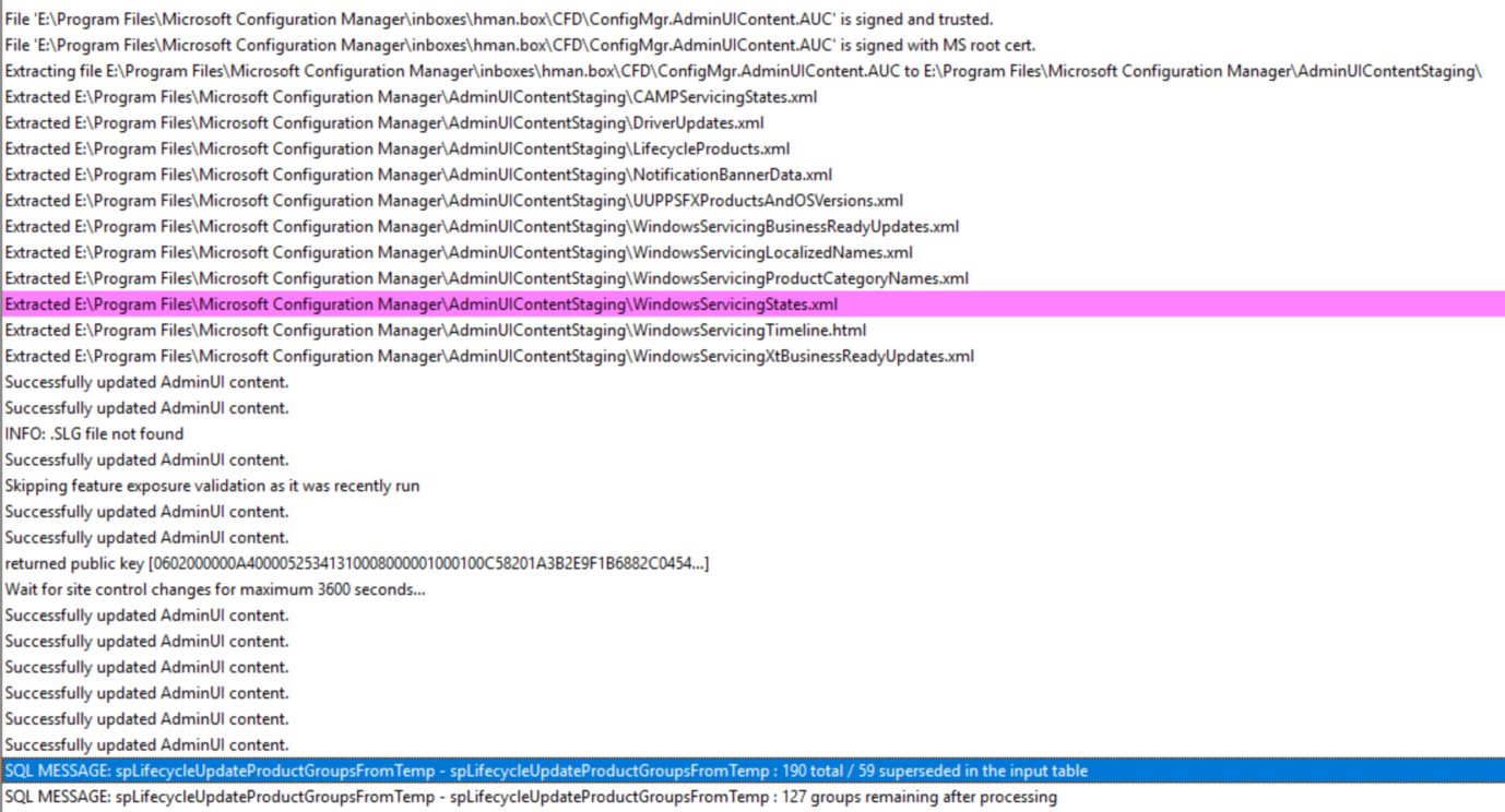 WindowsServicingStates.xml listed within the hman.log. Along with ConfigMgr.AdminUIContent.AUC and two Lifecycle stored procedures listed as excuted