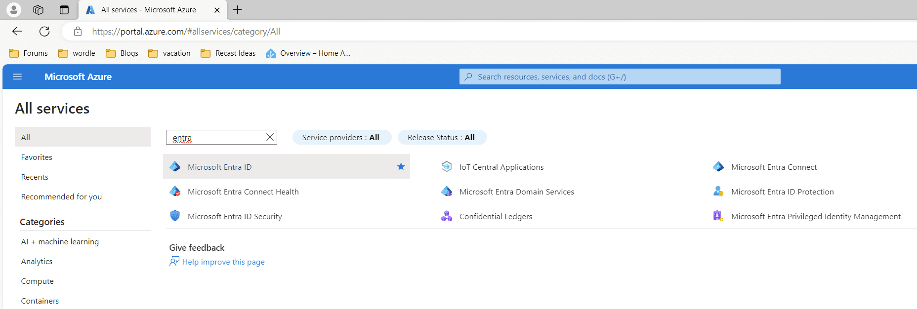 All Services filter on Entra
