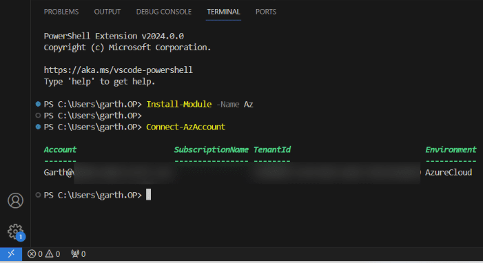 Results of Connect-AzAccount with the Microsoft Entra ID Tenant ID