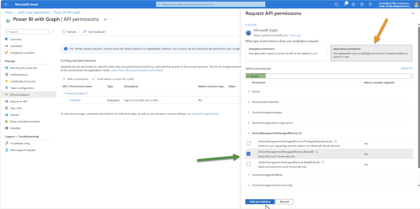 Setting the application permissions 