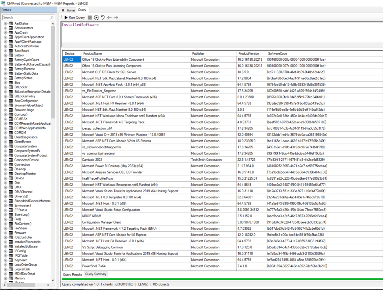 CMPivot result for a device, 