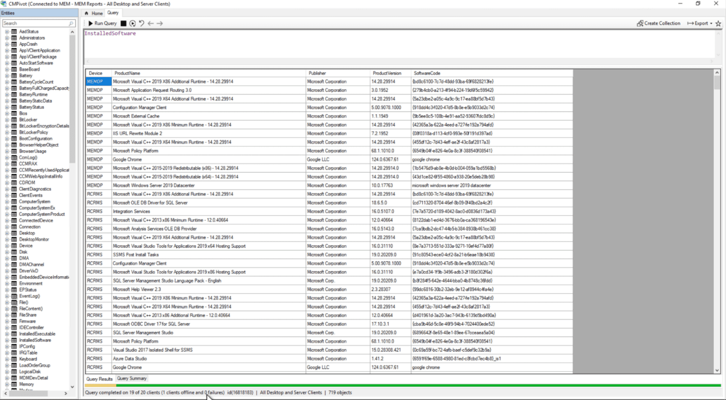 CMPivot results for InstalledSoftware on a collection. 