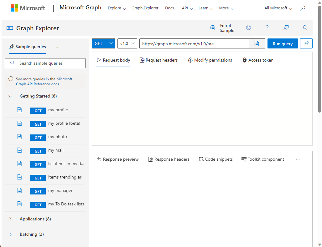 Graph Explorer with sample data.